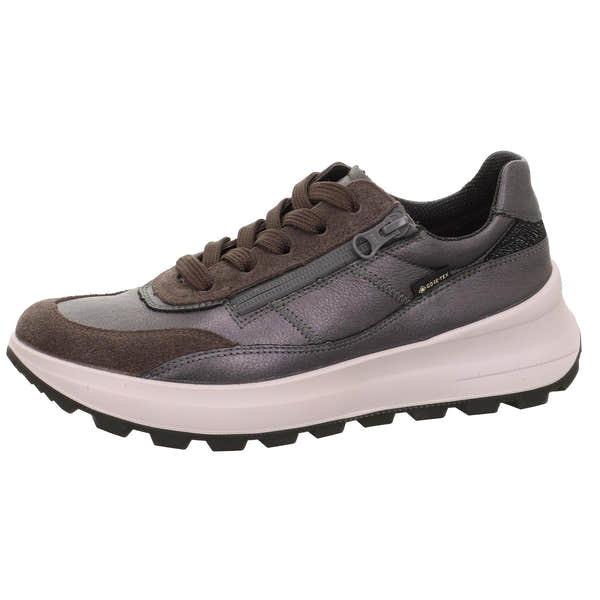 Legero T4 Run 2 ladies waterproof grey leather trainers with zip and lace, cushioned sole, and GORE-TEX technology.
