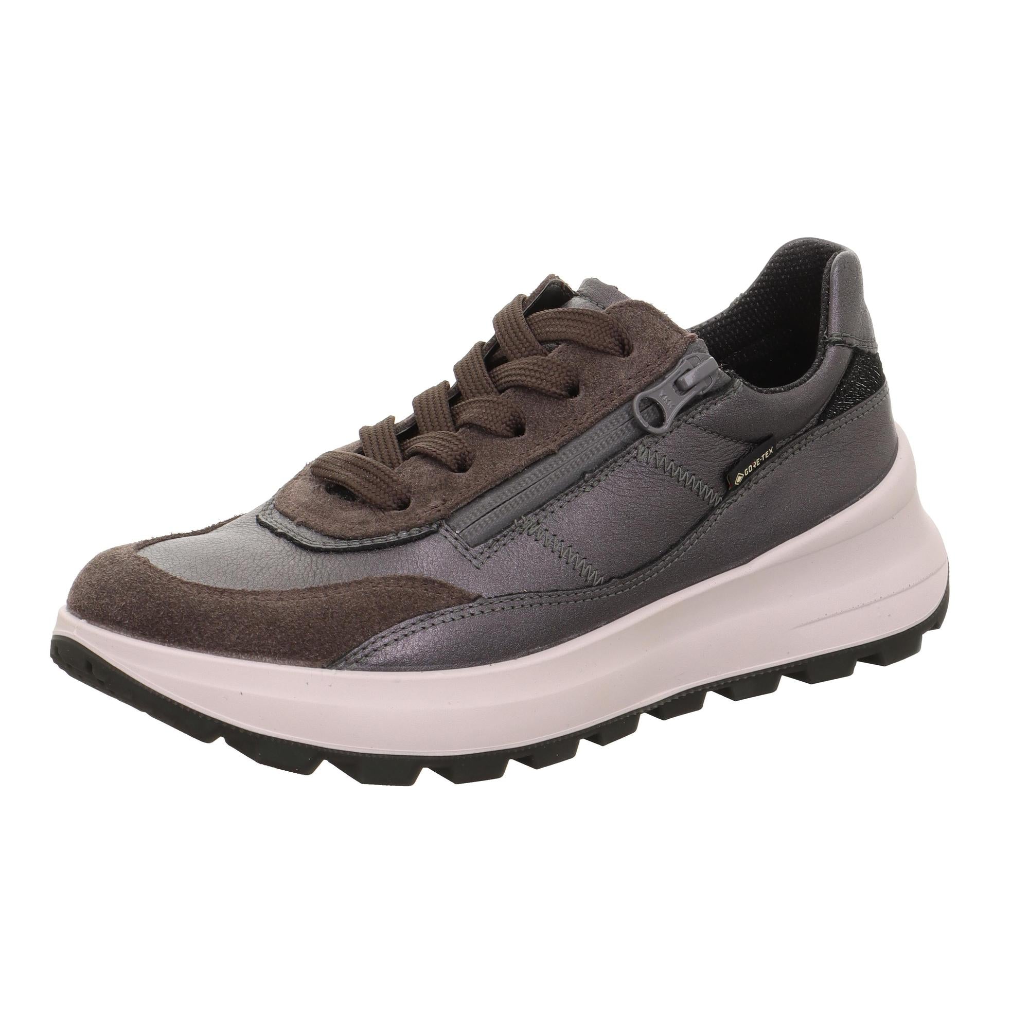 Legero T4 Run 2 women's grey leather waterproof trainers with zip and laces, chunky white midsole, and rugged black outsole.