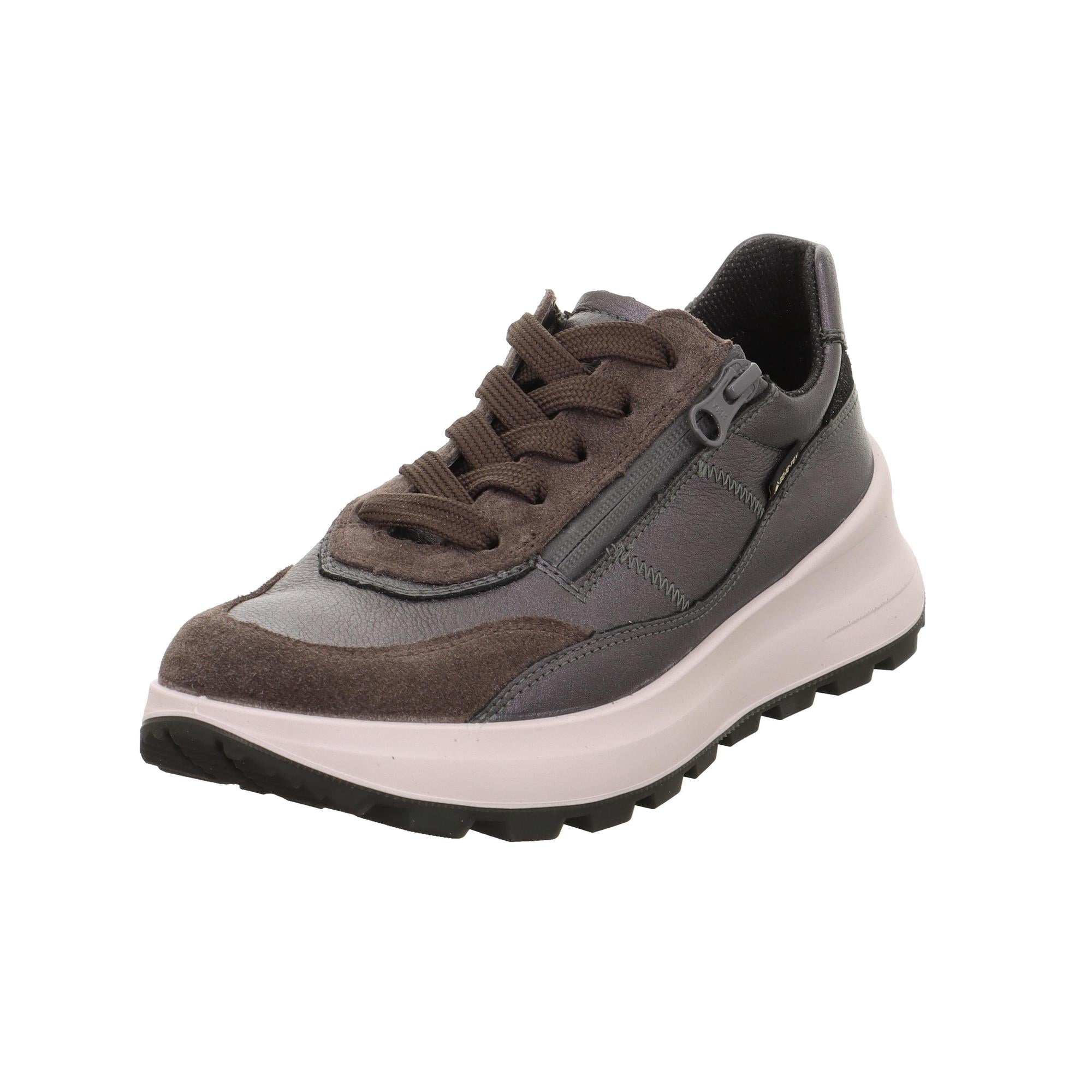 Legero T4 Run Ladies Gunmetal Grey Leather Waterproof Trainers with zip and lace closure, cushioned sole, and rugged outsole.