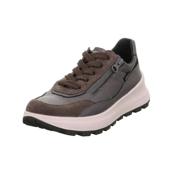 Legero T4 Run Ladies Gunmetal Grey Leather Waterproof Trainers with zip and lace closure, cushioned sole, and rugged outsole.