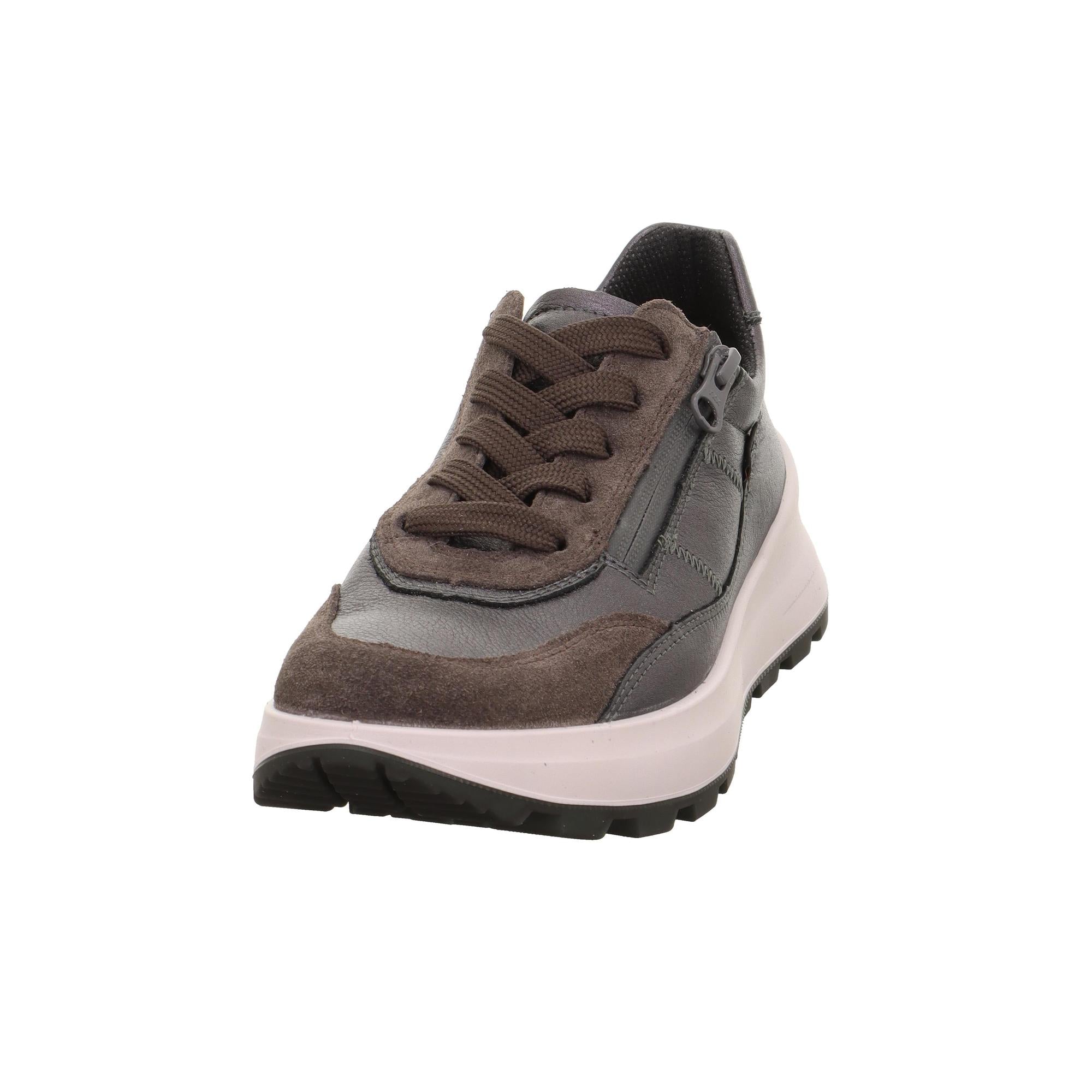 Legero T4 Run Ladies Gunmetal Grey Leather Waterproof Trainers with zip and lace closure, chunky sole, and stylish design.