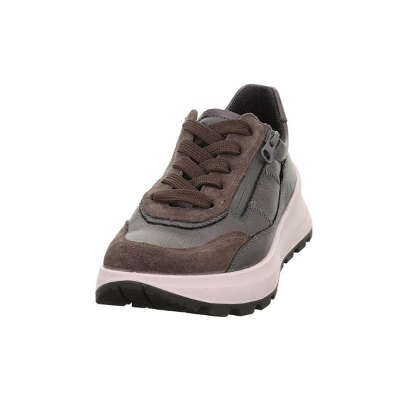 Legero T4 Run Ladies Gunmetal Grey Leather Waterproof Trainers with zip and lace closure, chunky sole, and stylish design.