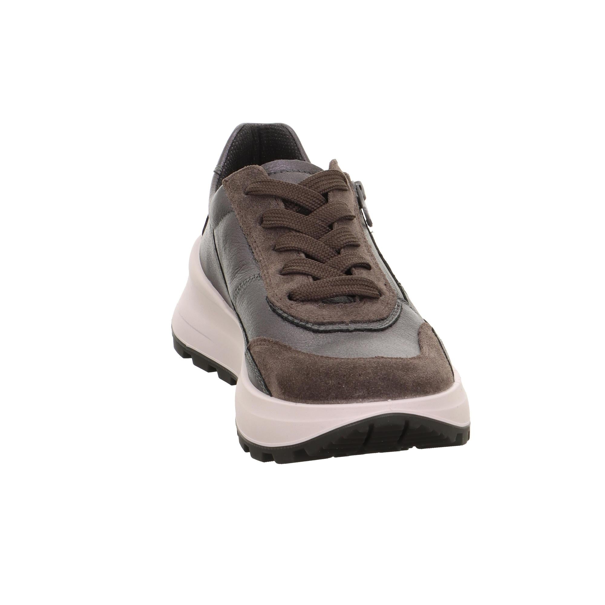 Legero T4 Run women's waterproof model in gunmetal grey leather with lace-up and zipper design, chunky white and black sole.