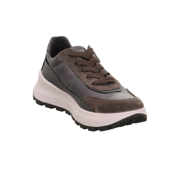 Legero T4 Run 2 Ladies waterproof grey leather trainers with lace-up design and chunky white sole.