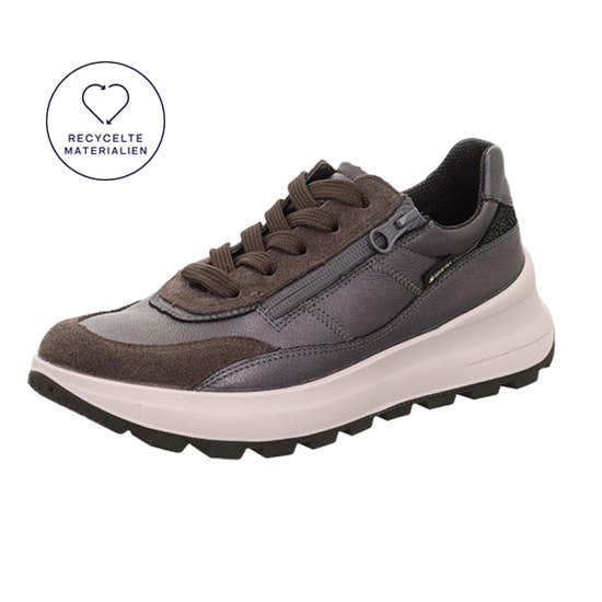 Legero T4 Run ladies waterproof leather trainers in gunmetal grey with lace-up and zip closure, featuring recycled materials.
