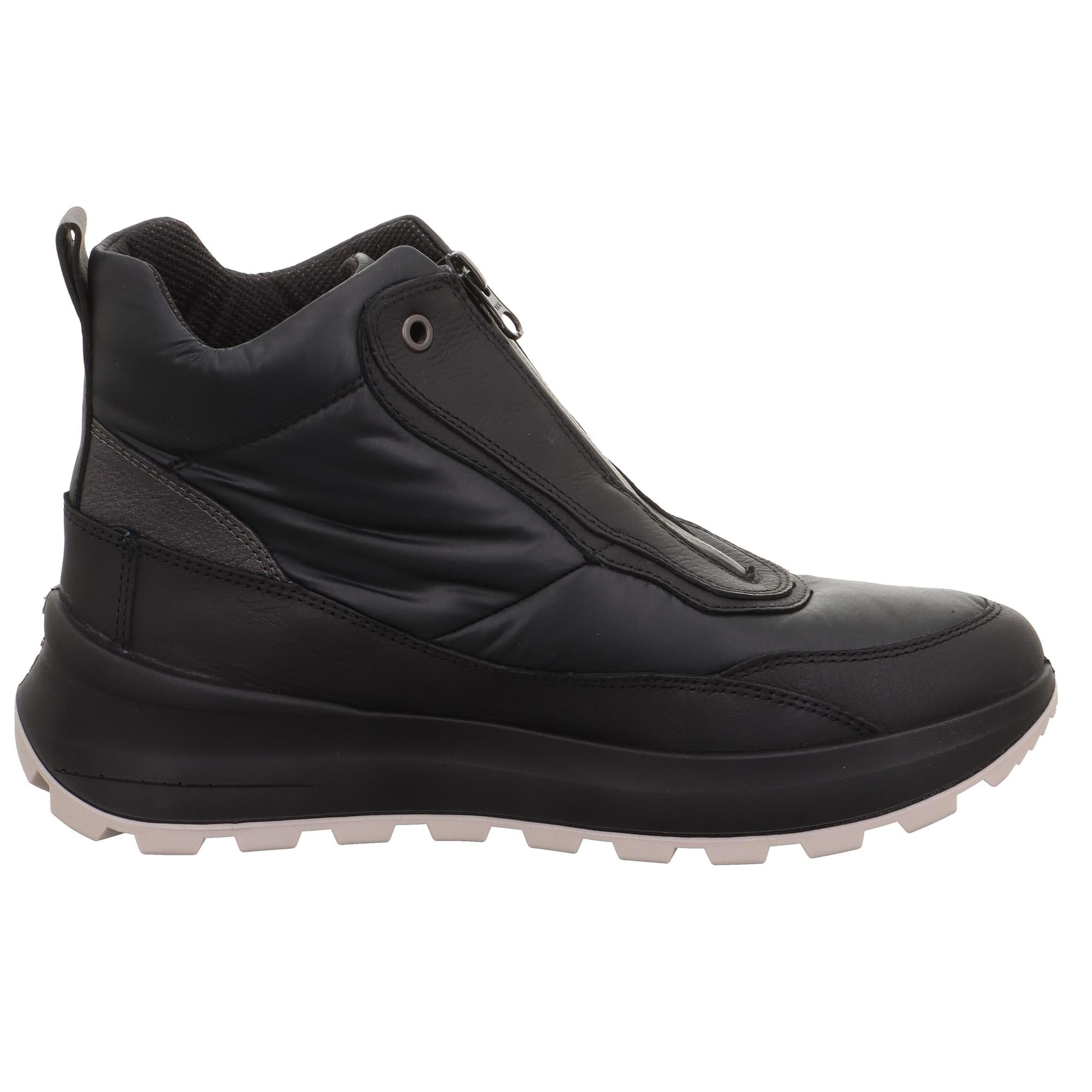Ladies' black waterproof Neo-Tech ankle boots with front zipper, padded collar, and chunky sole.