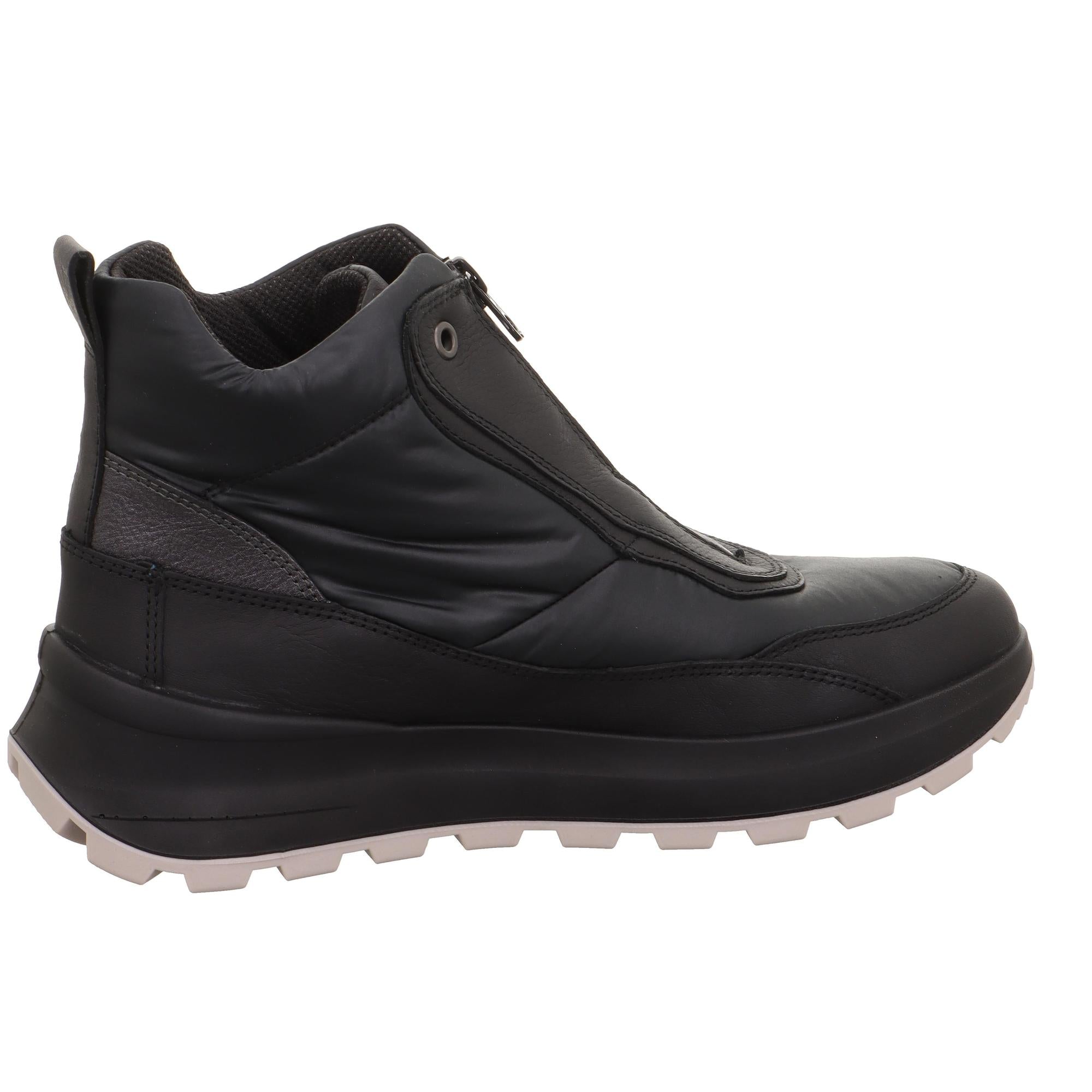 Ladies black waterproof Neo-Tech ankle boots with front zip, cushioned collar, and rugged white outsole.