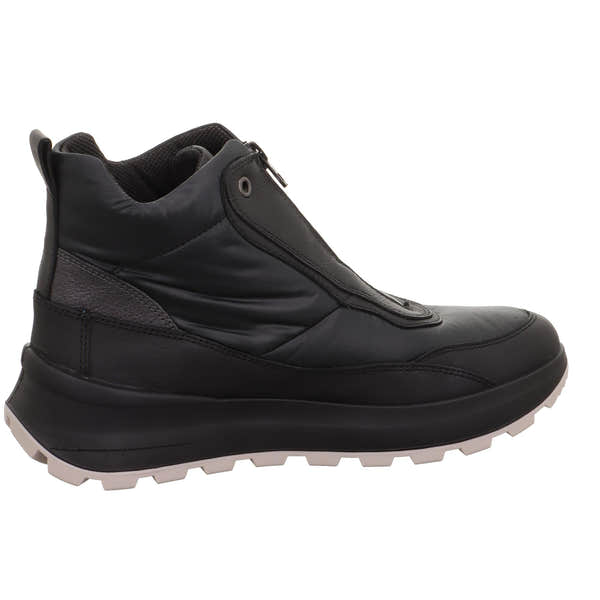 Ladies black waterproof Neo-Tech ankle boots with front zip, cushioned collar, and rugged white outsole.