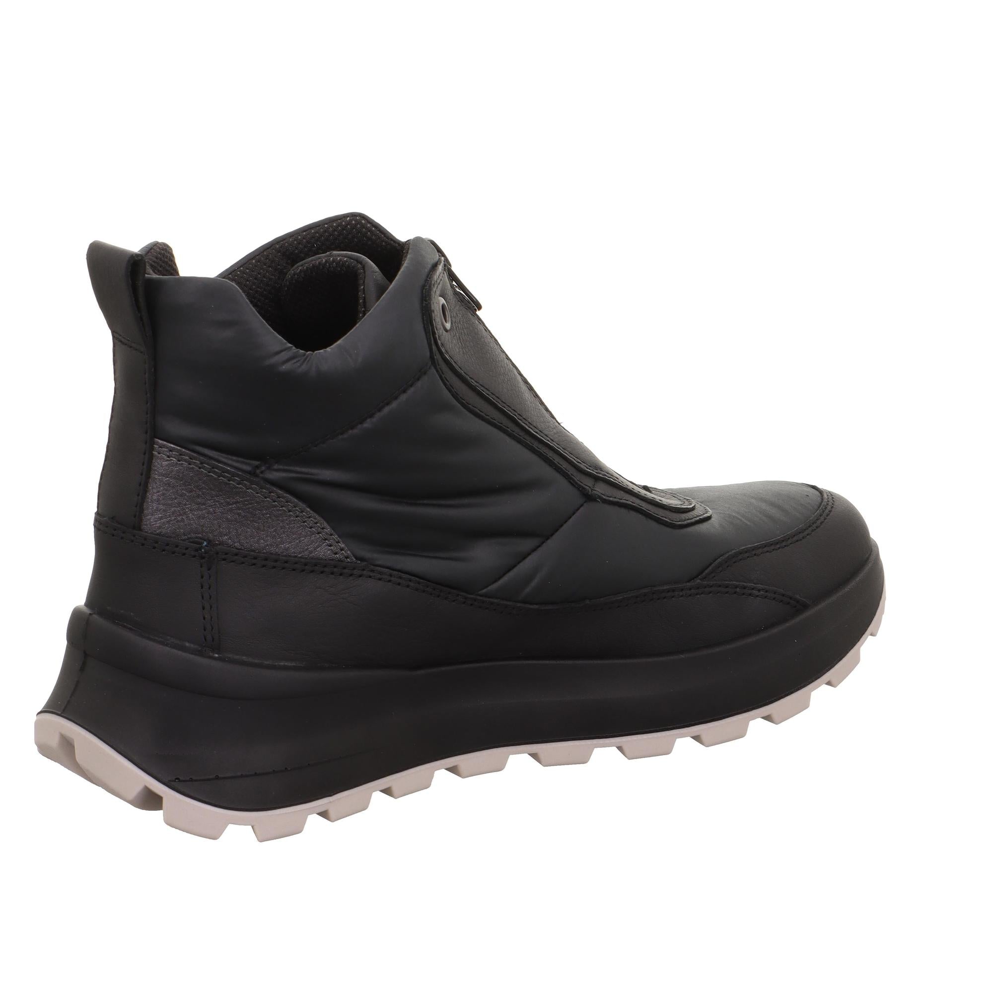Legero T4 Run 2-000410-0100 women's black waterproof Neo-Tech ankle boots with front zipper and chunky white sole.