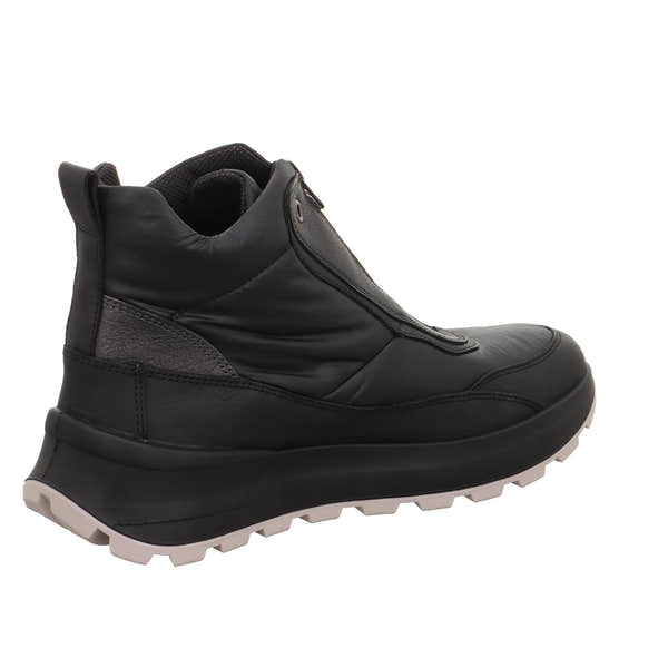 Legero T4 Run 2-000410-0100 women's black waterproof Neo-Tech ankle boots with front zipper and chunky white sole.