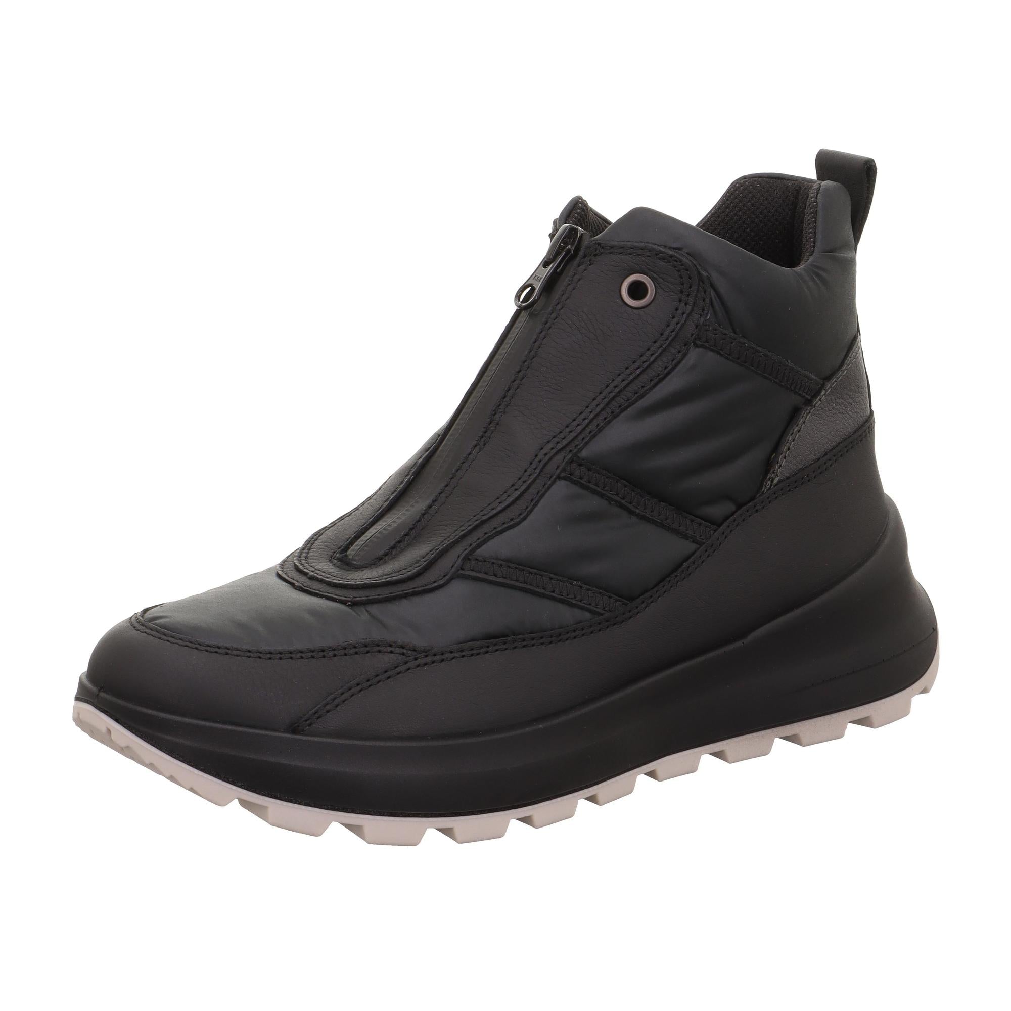Ladies black waterproof Neo-Tech ankle boots with front zip, breathable interior, and rugged rubber sole.