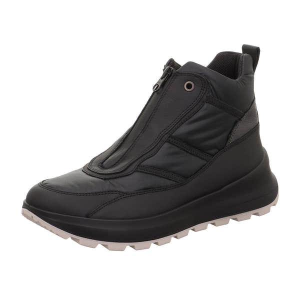 Ladies black waterproof Neo-Tech ankle boots with front zip, breathable interior, and rugged rubber sole.