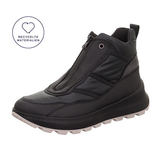 Legero T4 Run women's black waterproof Neo-Tech ankle boots with front zip, recycled materials, and rugged sole.