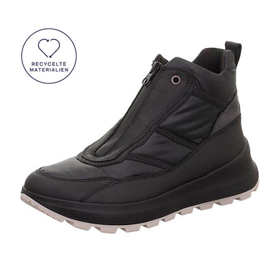 Legero T4 Run women's black waterproof Neo-Tech ankle boots with front zip, recycled materials, and rugged sole.