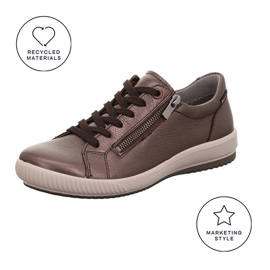 Legero Tanaro 5.0 Ladies bronze waterproof leather trainers with zip and lace closures, recycled materials, and casual style.
