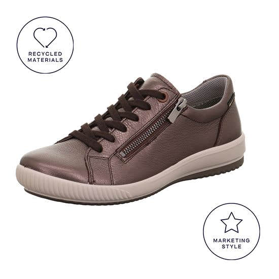 Legero Tanaro 5.0 Ladies bronze waterproof leather trainers with zip and lace closures, recycled materials, and casual style.