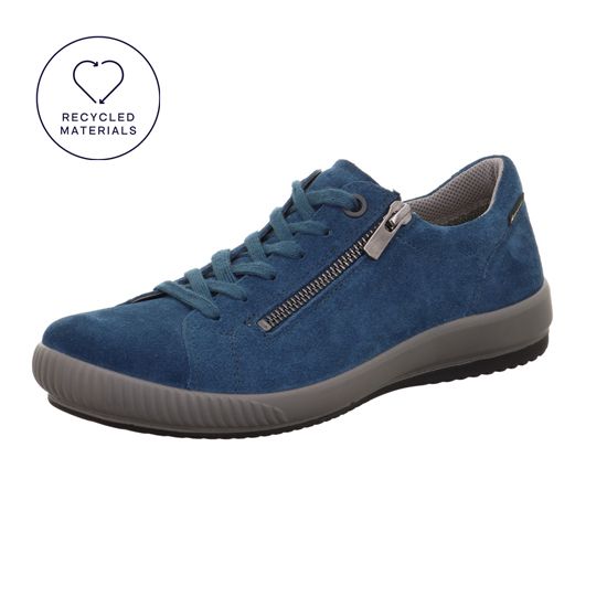 Legero Tanaro 5.0 women's blue suede waterproof trainers with zip and lace-up design, recycled materials, casual footwear.