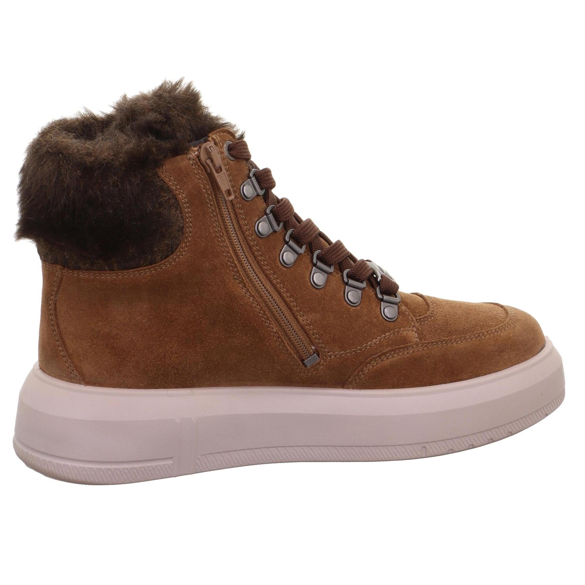 Ladies brown suede waterproof ankle boots with lace-up front, side zipper, and faux fur collar.