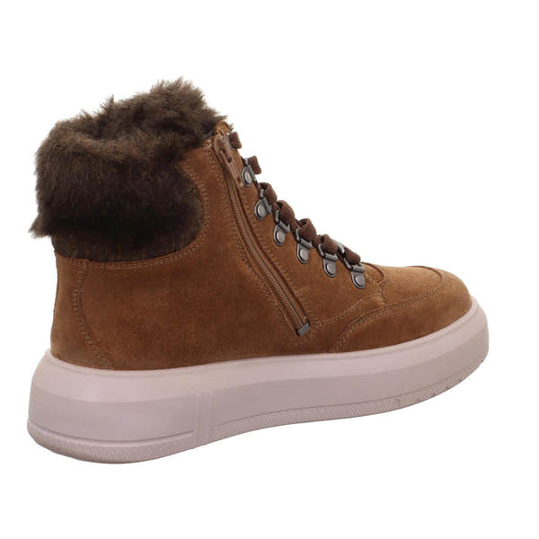 Ladies brown suede waterproof ankle boots with fur trim, zip and lace-up front, and white rubber sole.