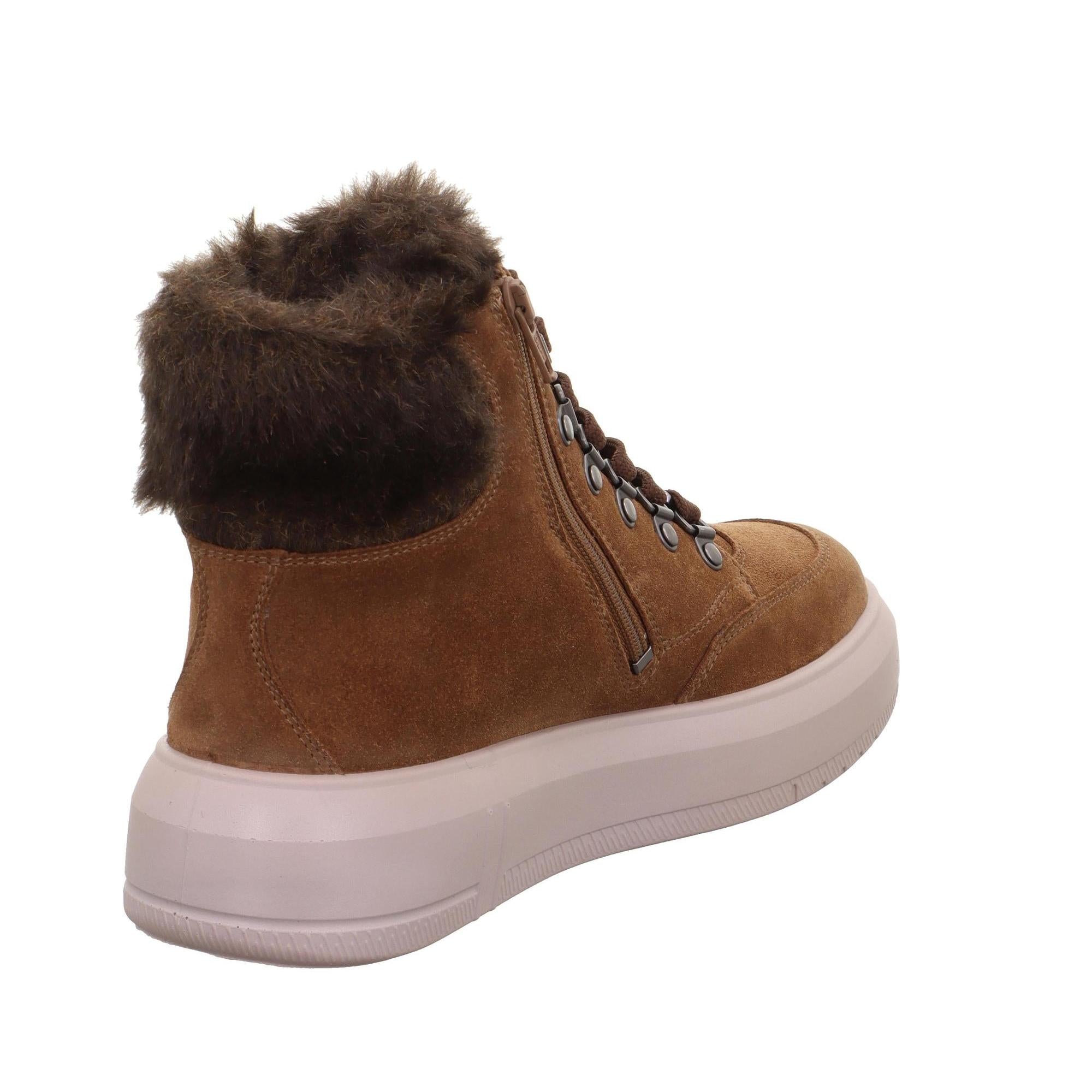 Ladies brown suede waterproof ankle boots with faux fur collar, lace-up and side zipper, white chunky sole.