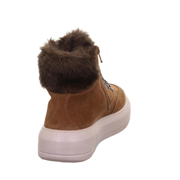 Ladies brown suede waterproof ankle boots with faux fur collar, zip and lace closure, and white chunky rubber sole.