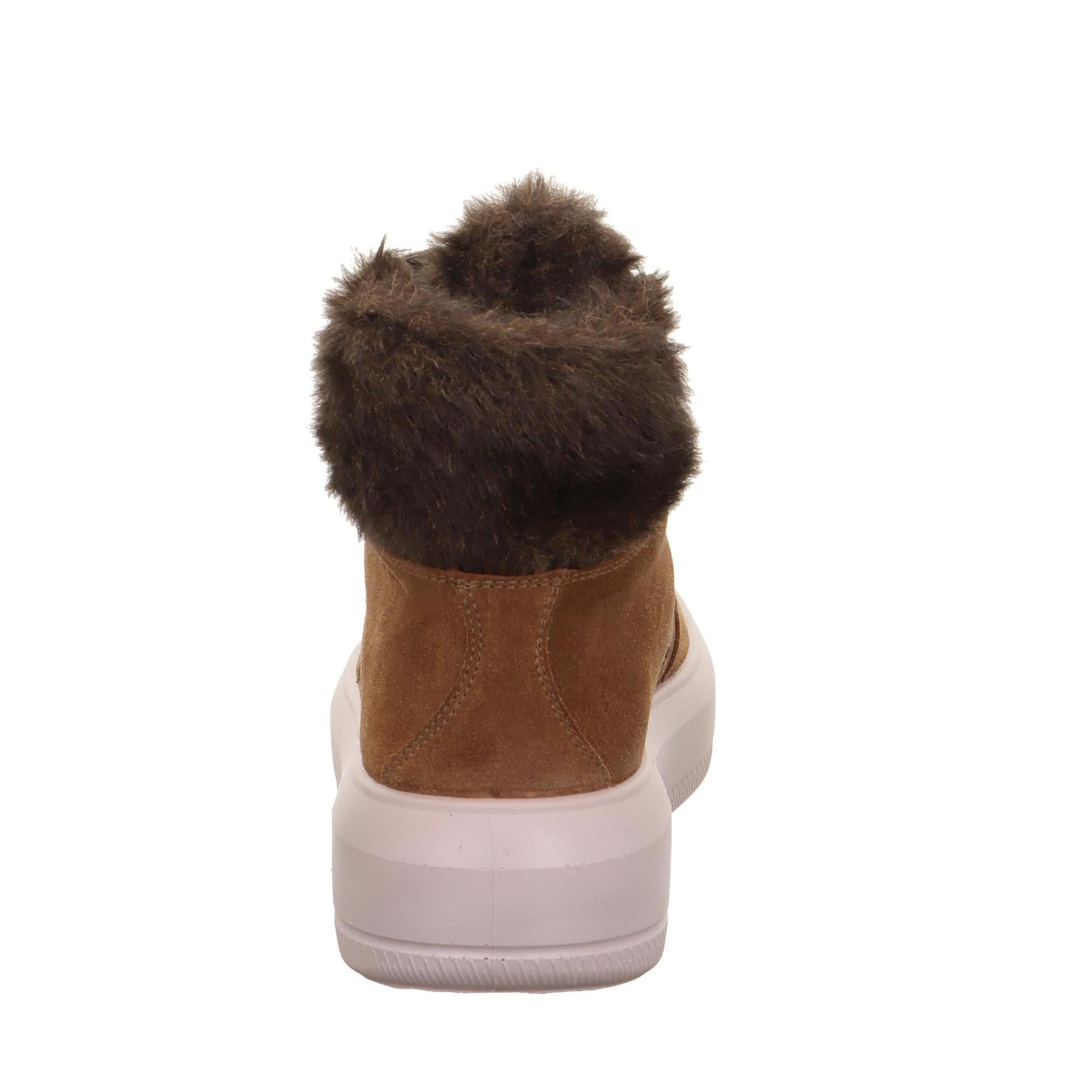 Legero Wonder women's brown waterproof suede ankle boots with zip and lace, faux fur cuff, and white sole.