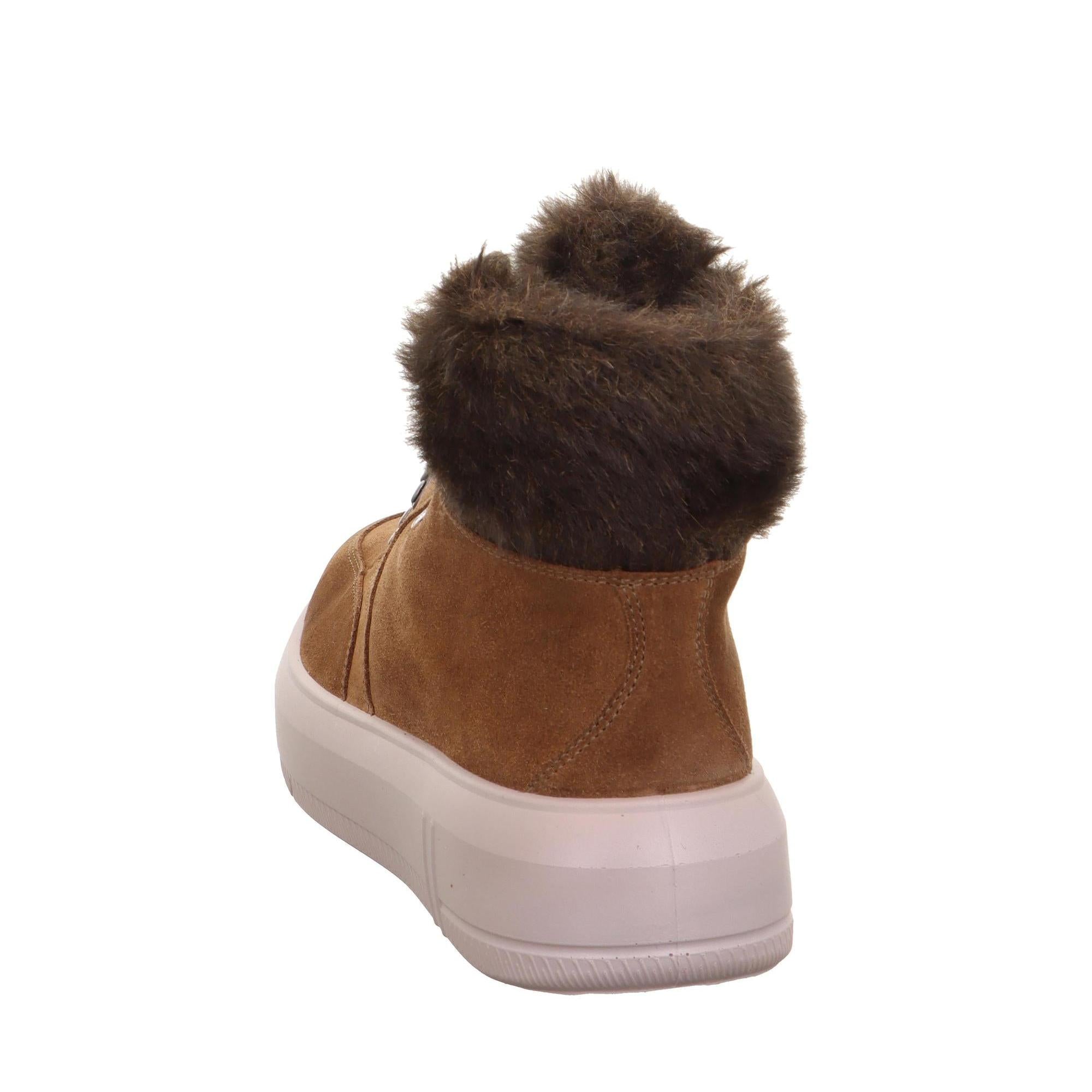 Legero Wonder women's brown suede waterproof ankle boots with fur trim, zip and lace closure, and white rubber sole.