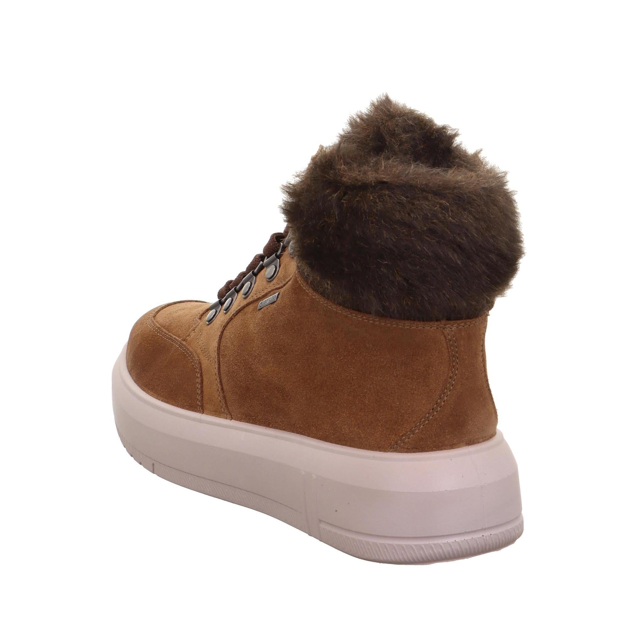Ladies brown suede waterproof ankle boots with faux fur collar, lace-up front, side zipper, and white rubber sole.
