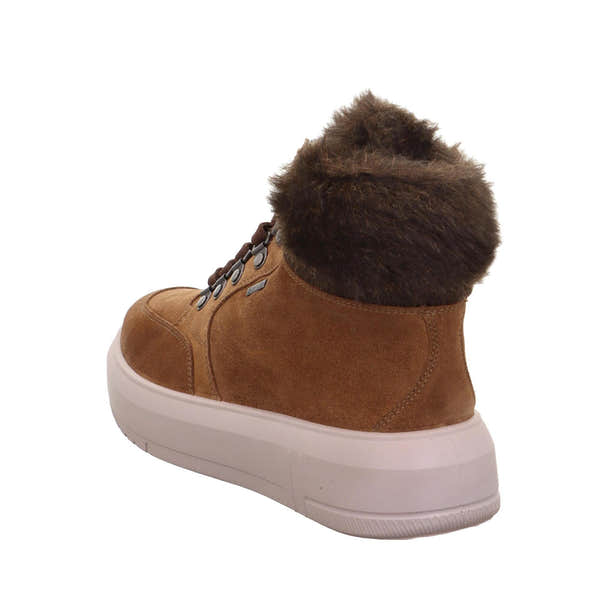 Ladies brown suede waterproof ankle boots with faux fur collar, lace-up front, side zipper, and white rubber sole.