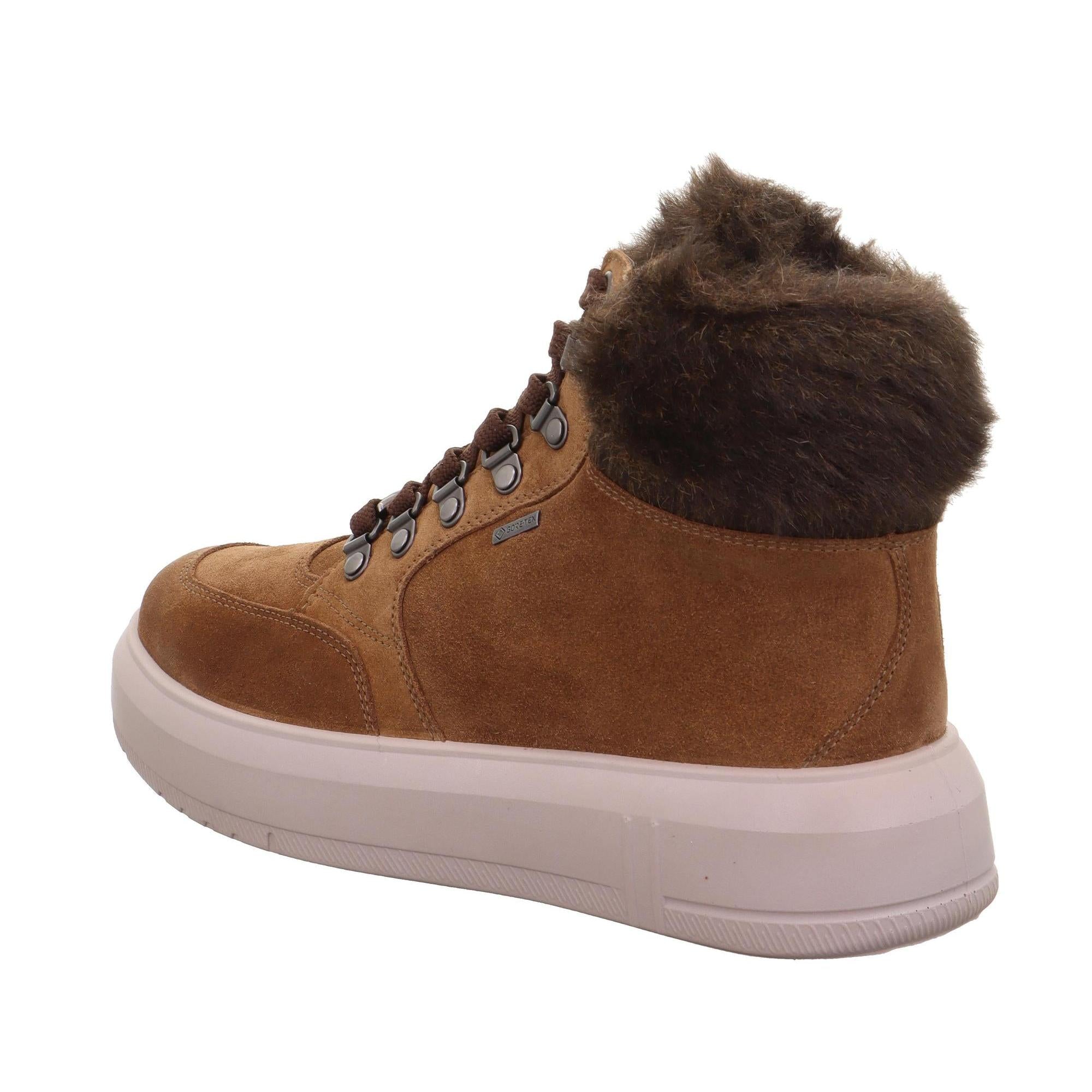 Women's brown suede waterproof ankle boot with fur cuff, lace-up front, side zipper, and white sole.