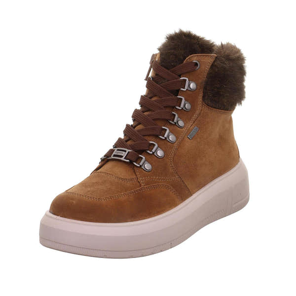 Ladies brown suede waterproof ankle boots with fur collar, lace-up and zip closure, and thick white sole.