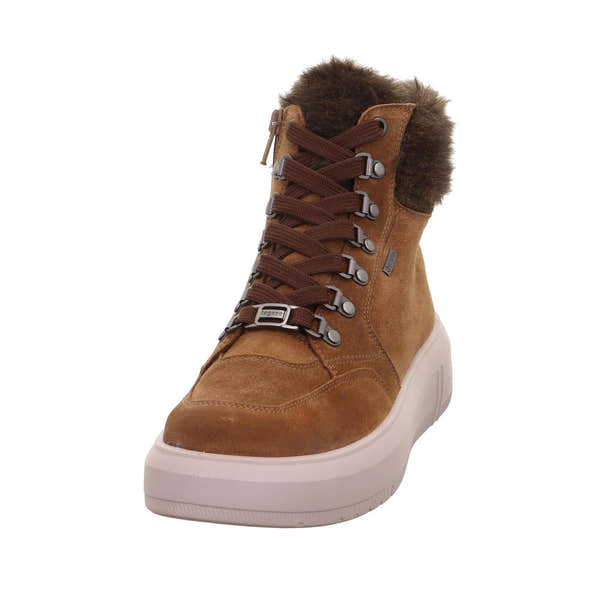 Ladies brown suede waterproof ankle boots with lace-up and zip closure, faux fur lining, and chunky white sole.