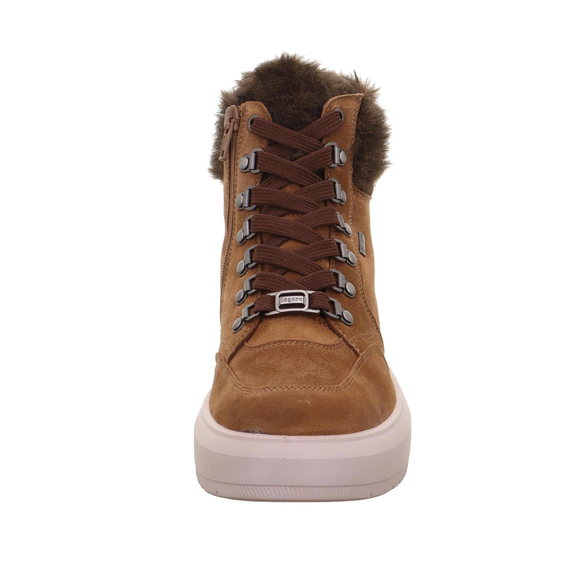 Legero Wonder 2-000415-3340 women's brown suede waterproof ankle boots with lace-up and zip closure, faux fur collar, and white sole.