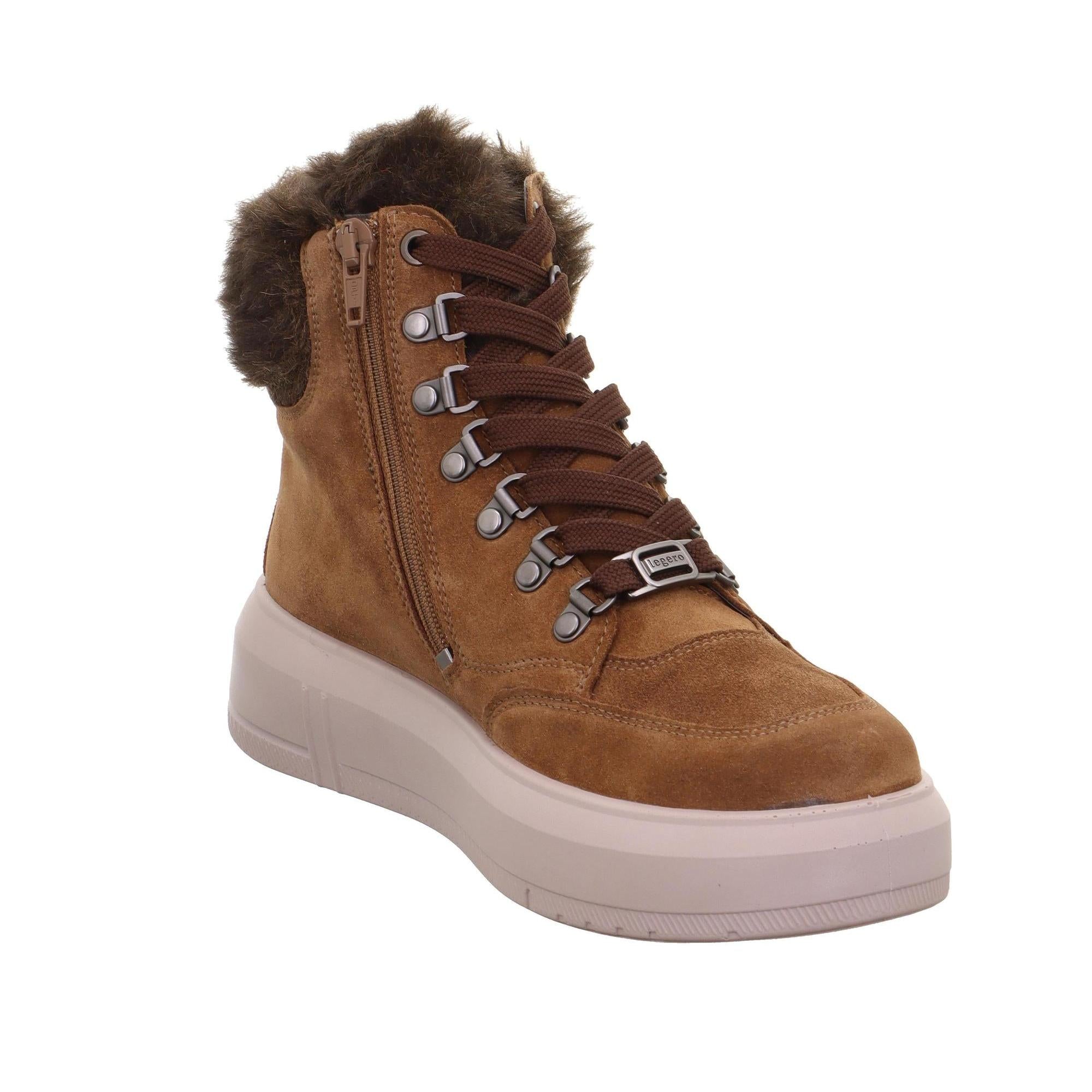 Ladies brown suede waterproof ankle boot with fur lining, lace-up front, side zipper, and chunky white sole.
