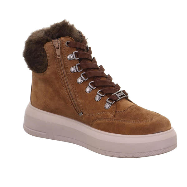 Women's brown suede waterproof ankle boots with fur lining, lace-up front, side zipper, and chunky white sole.