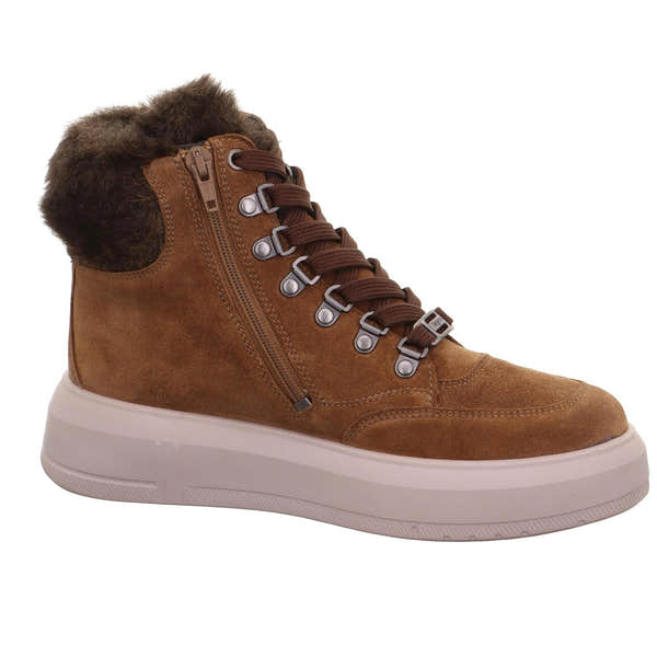 Ladies brown suede waterproof ankle boots with zipper, lace-up front, fluffy collar, and white rubber sole.