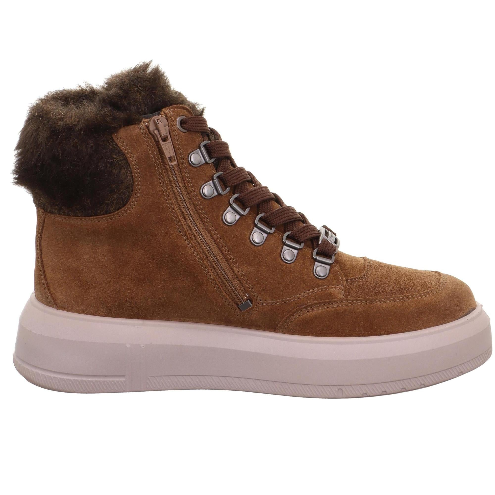 Legero Wonder women's brown suede waterproof ankle boots with fur collar, side zipper, lace-up closure, and chunky white rubber sole.