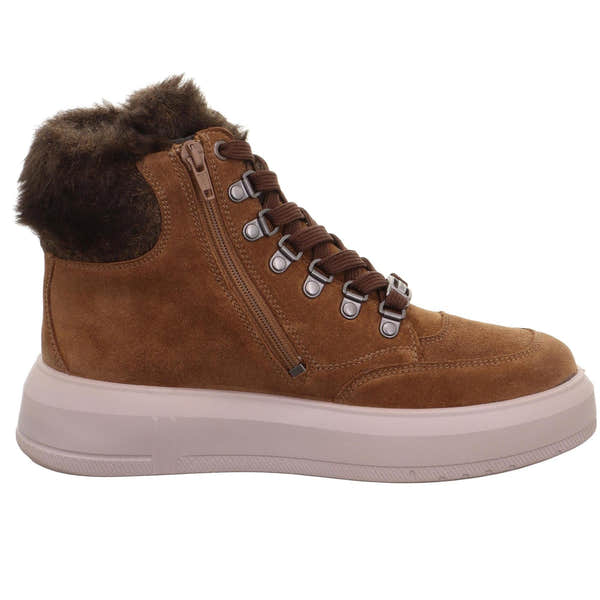 Legero Wonder women's brown suede waterproof ankle boots with fur collar, side zipper, lace-up closure, and chunky white rubber sole.