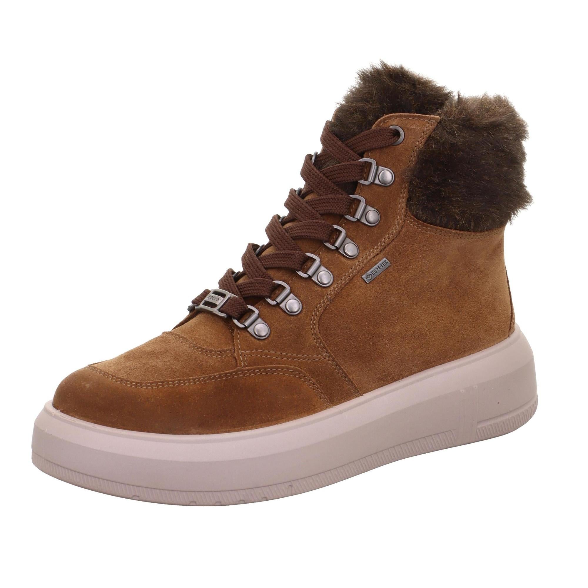Ladies brown suede waterproof ankle boot with lace and zip closure, fur lining, and chunky white sole.