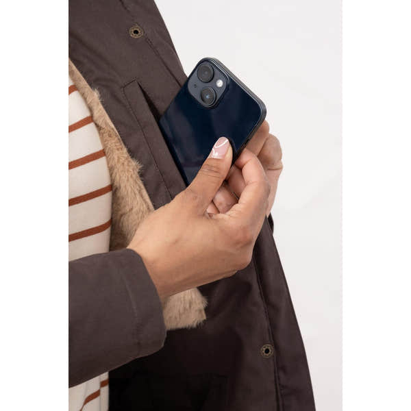 Lighthouse Isobel Cocoa women's padded waterproof coat with fur trim, shown holding a smartphone.