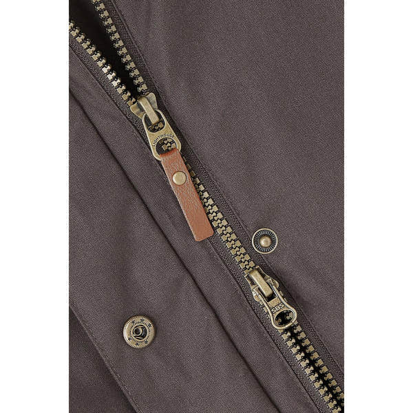 Lighthouse Isobel Cocoa Ladies Padded Waterproof Coat with front zipper, leather zipper pull, and metal snaps in brown.