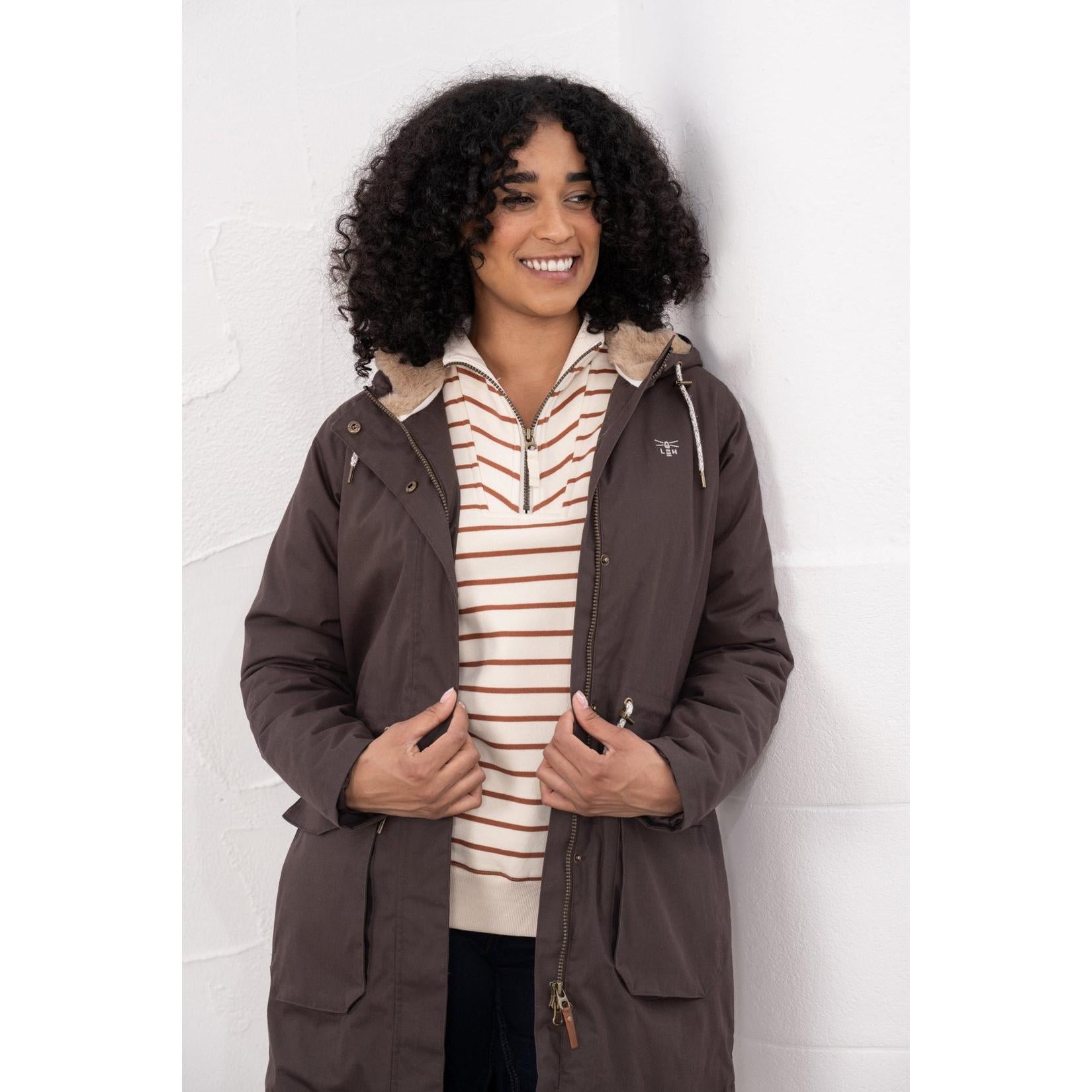 Lighthouse Isobel Cocoa women's padded waterproof coat with hood, beige lining, and zipper details.