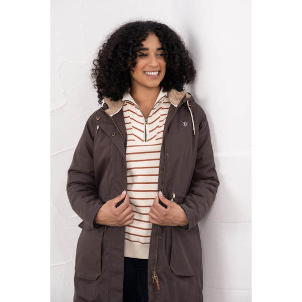 Lighthouse Isobel Cocoa women's padded waterproof coat with hood, beige lining, and zipper details.