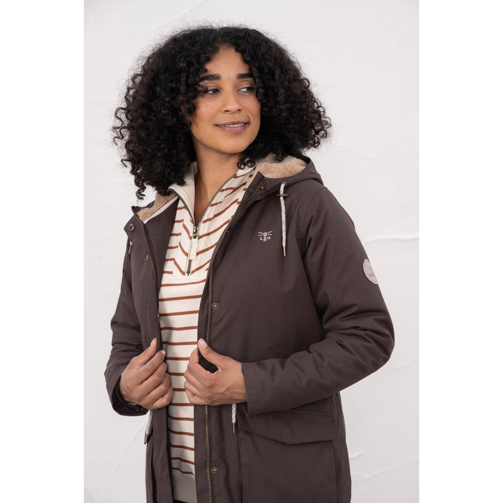 Lighthouse Isobel Cocoa women's padded waterproof coat with hood, zipper closure, and beige lining, suitable for rain and winter.