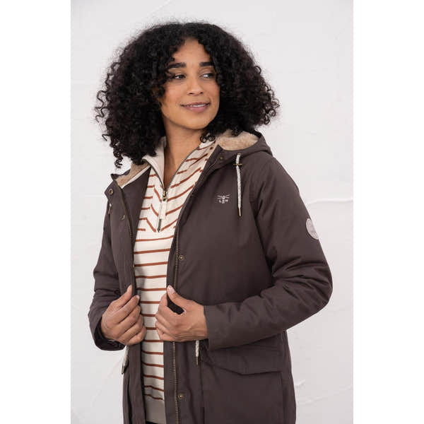 Lighthouse Isobel Cocoa women's padded waterproof coat with hood, zipper closure, and beige lining, suitable for rain and winter.