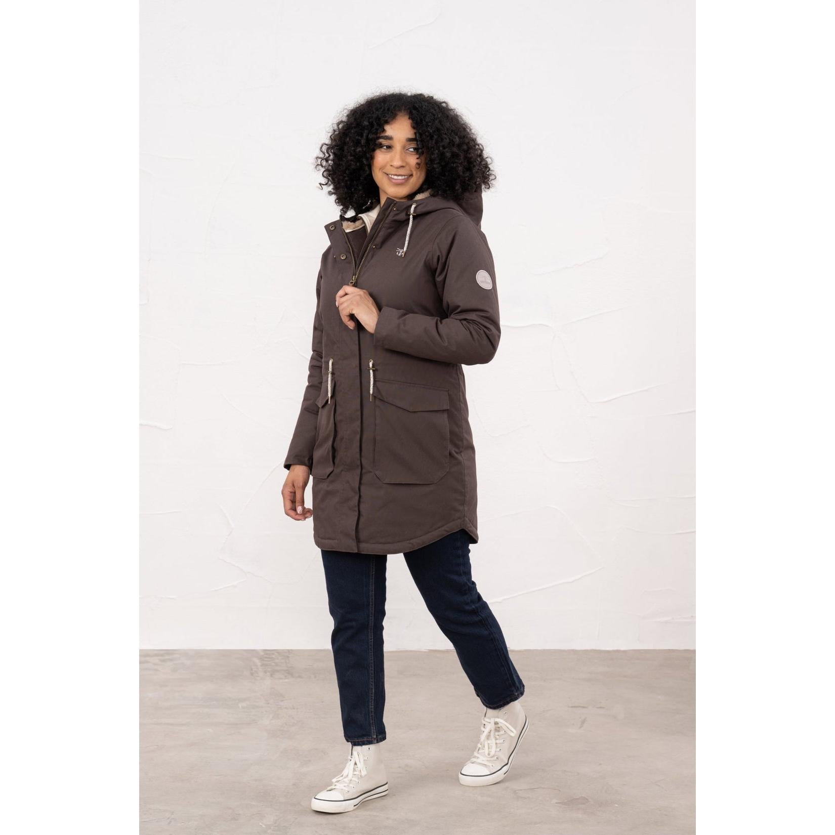 Lighthouse Isobel Cocoa women's padded waterproof coat with hood, zip and pocket details, suitable for rainy weather.