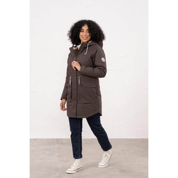 Lighthouse Isobel Cocoa women's padded waterproof coat with hood, zip and pocket details, suitable for rainy weather.