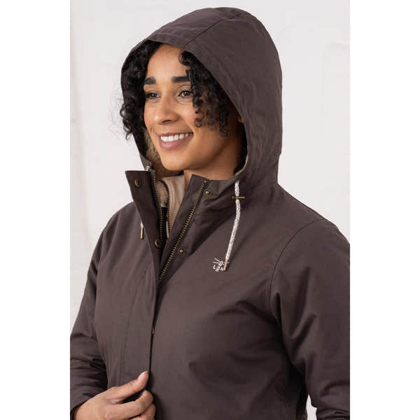 Lighthouse Isobel Cocoa women's padded waterproof coat with hood, zipper and drawstring, suitable for outdoor rainy weather.
