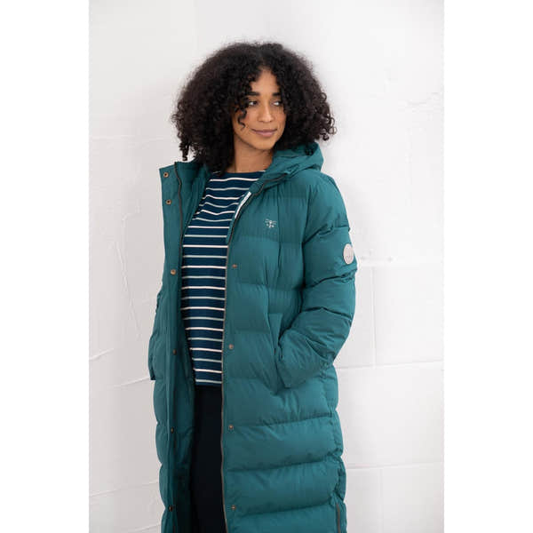 Lighthouse Savannah Pine women's puffer coat in teal, knee-length design with hood, button and zip closure, ideal for cold weather.