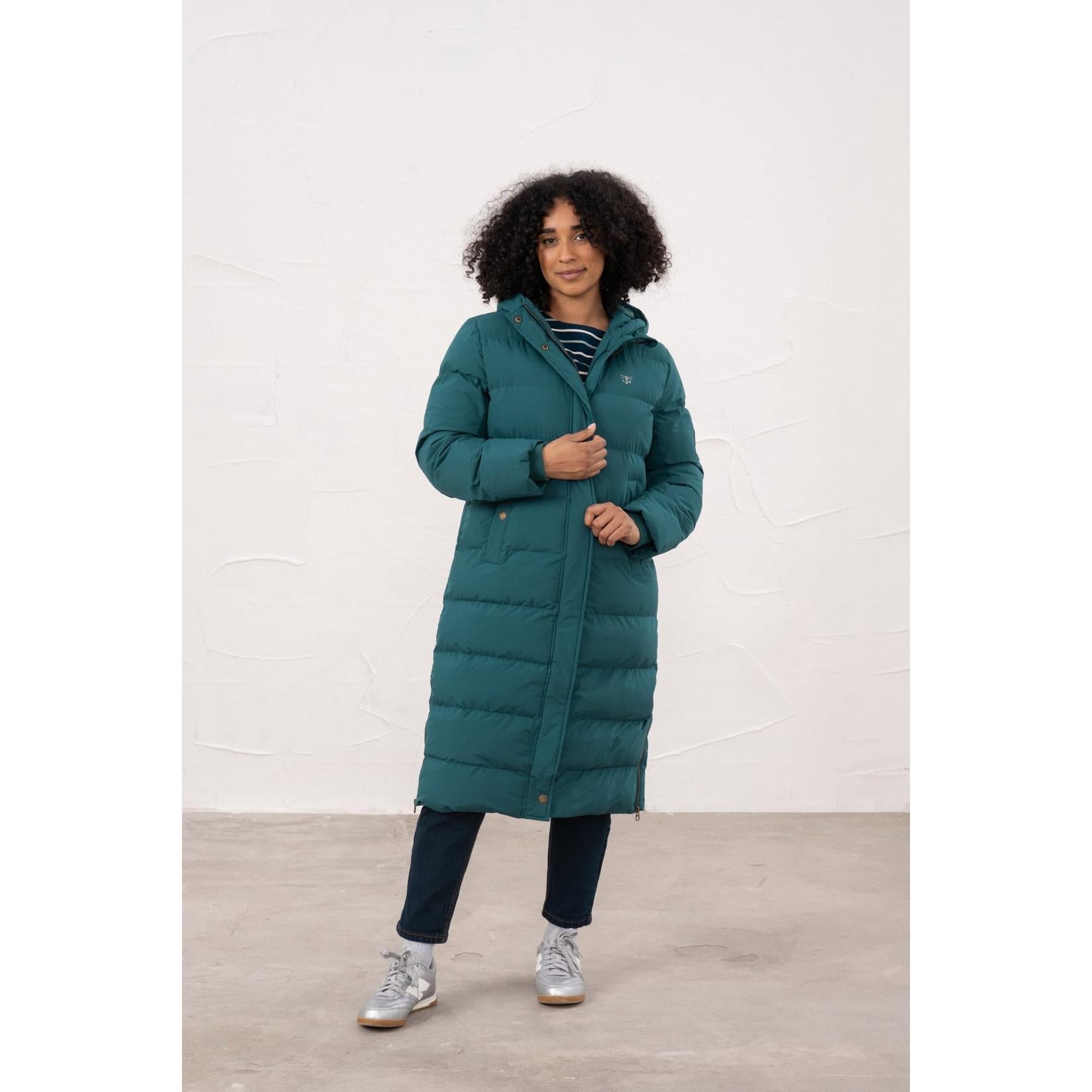 Lighthouse Savannah Pine women’s puffer coat, teal long down jacket with hood, front zipper, and side pockets.